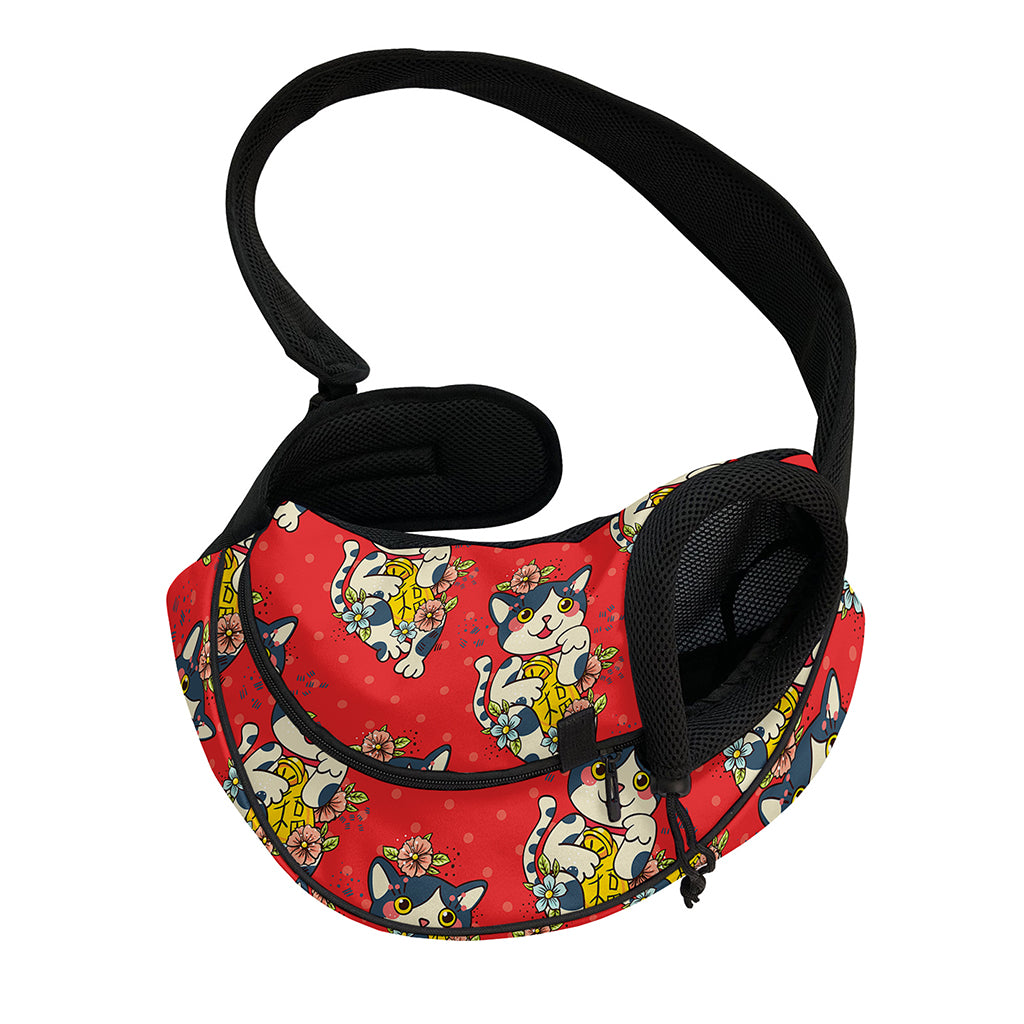 Japanese Cat Maneki Neko Pattern Print Pet Sling Carrier