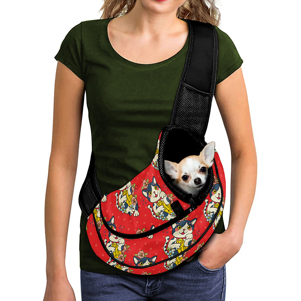 Japanese Cat Maneki Neko Pattern Print Pet Sling Carrier