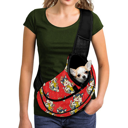 Japanese Cat Maneki Neko Pattern Print Pet Sling Carrier