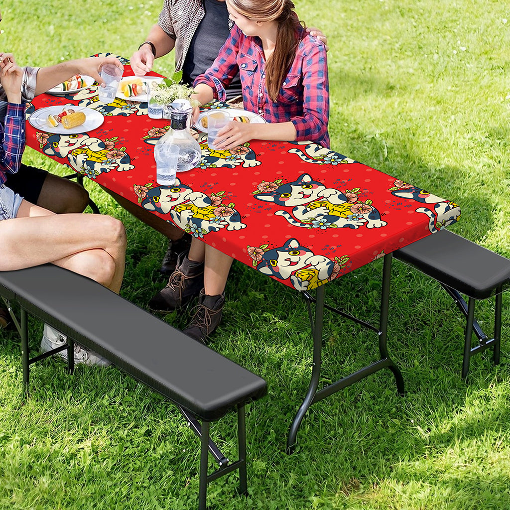 Japanese Cat Maneki Neko Pattern Print Picnic Table Cover