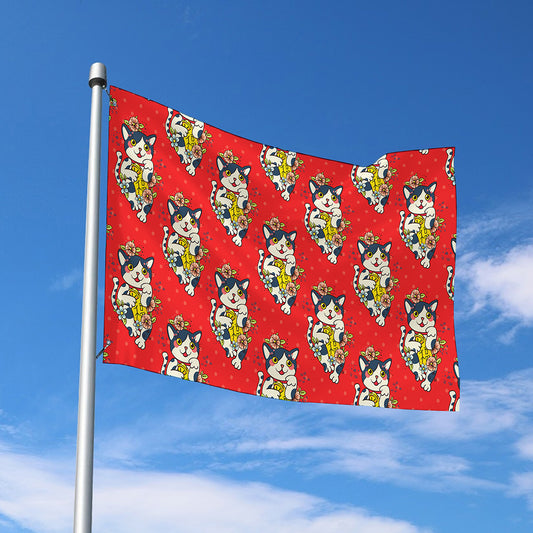 Japanese Cat Maneki Neko Pattern Print Polyester Flag