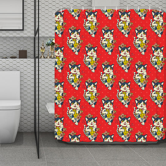 Japanese Cat Maneki Neko Pattern Print Polyester Shower Curtain