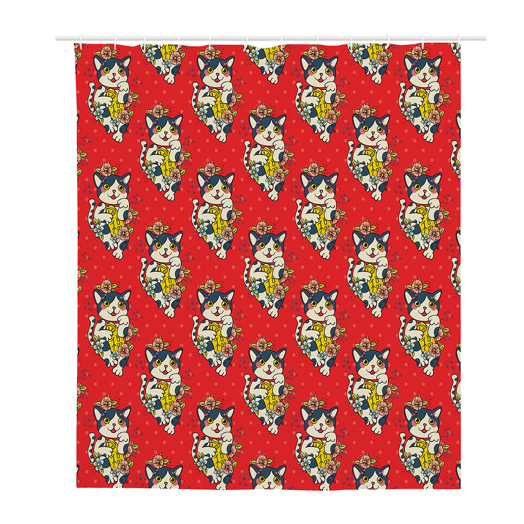 Japanese Cat Maneki Neko Pattern Print Polyester Shower Curtain