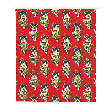 Japanese Cat Maneki Neko Pattern Print Polyester Shower Curtain