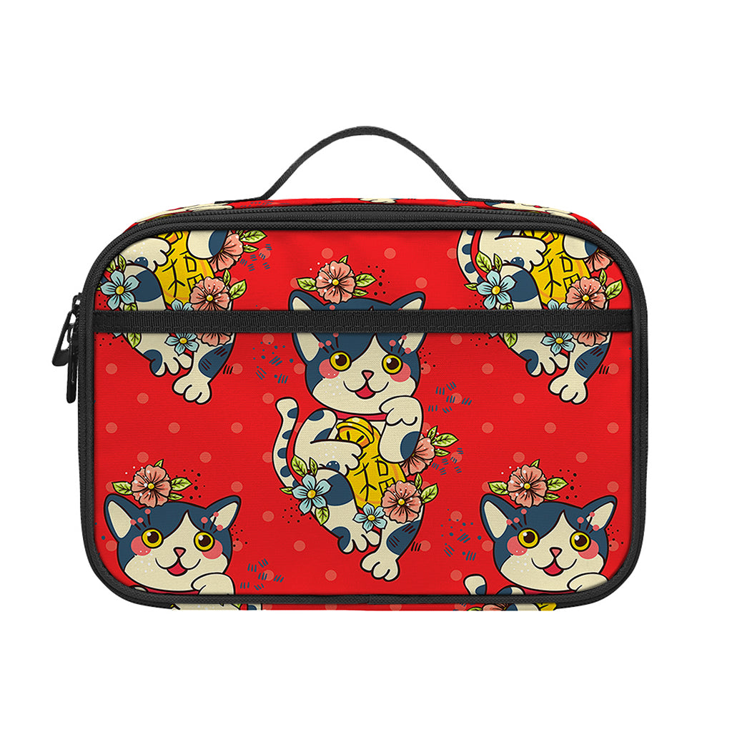 Japanese Cat Maneki Neko Pattern Print Portable Lunch Bag