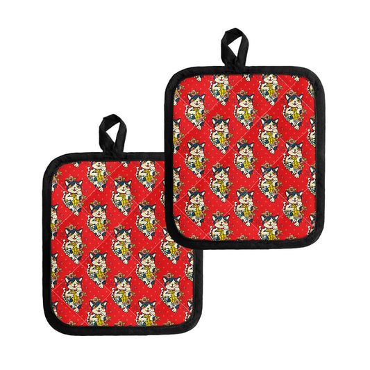 Japanese Cat Maneki Neko Pattern Print Pot Holders