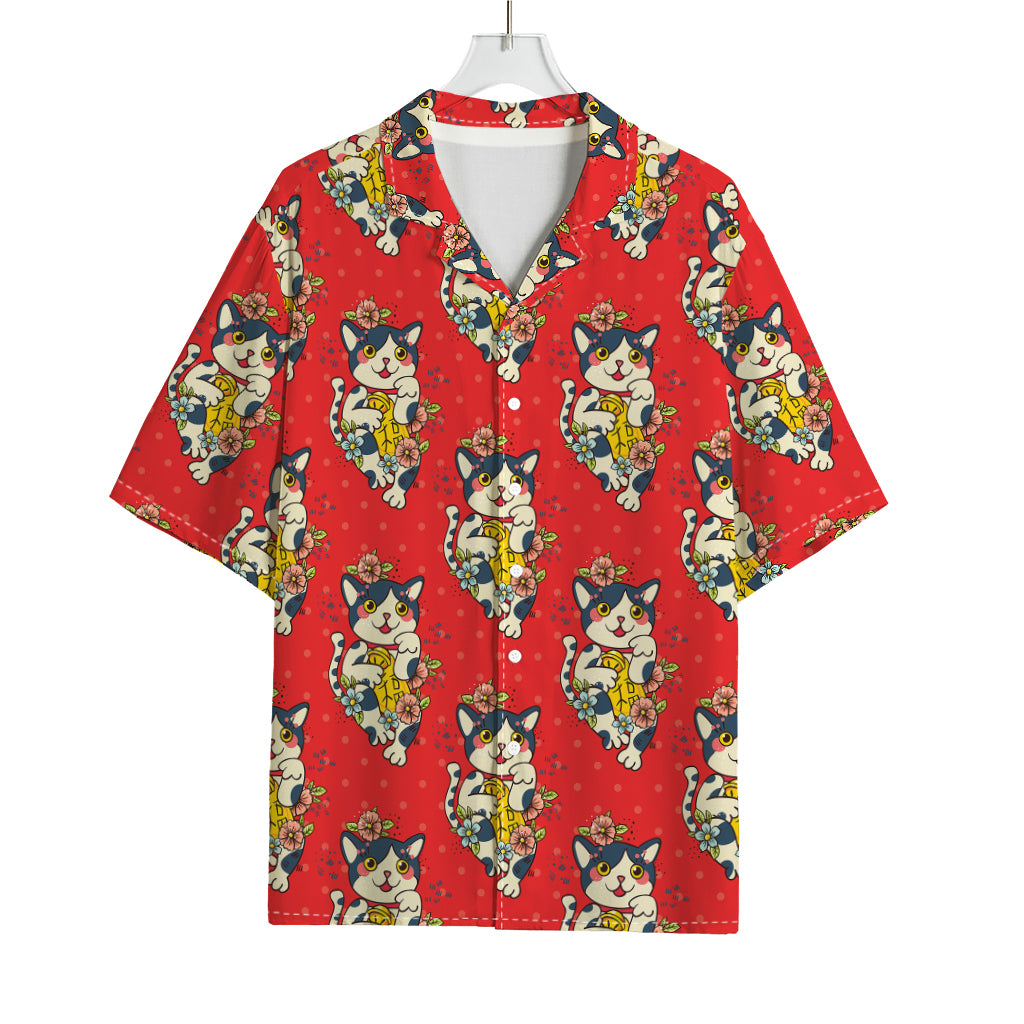Japanese Cat Maneki Neko Pattern Print Rayon Hawaiian Shirt