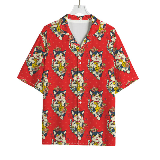 Japanese Cat Maneki Neko Pattern Print Rayon Hawaiian Shirt