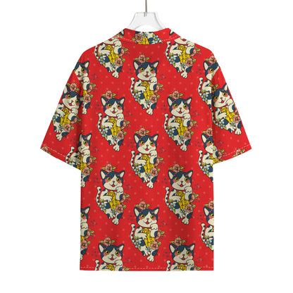 Japanese Cat Maneki Neko Pattern Print Rayon Hawaiian Shirt
