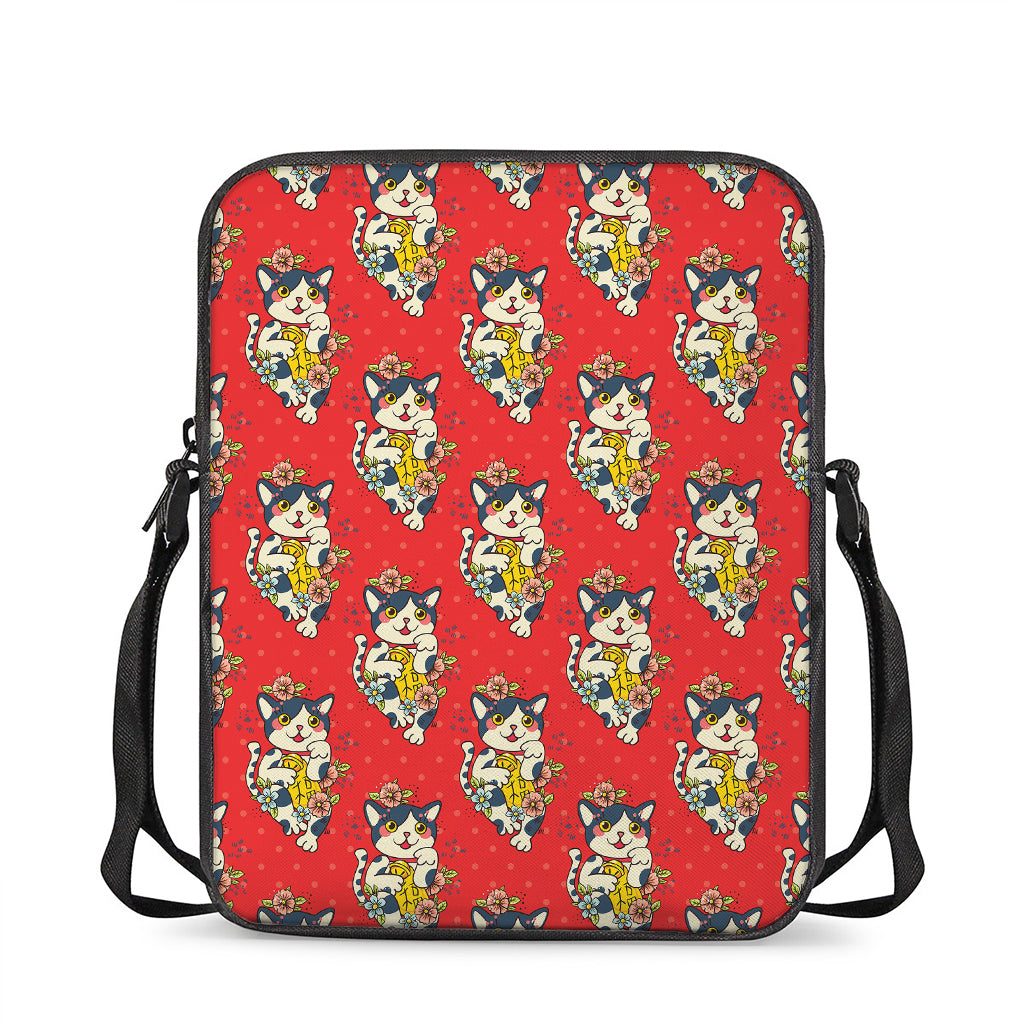 Japanese Cat Maneki Neko Pattern Print Rectangular Crossbody Bag
