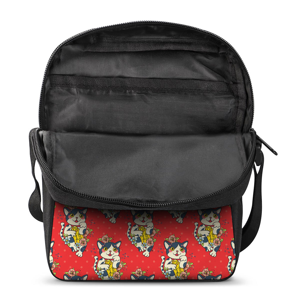 Japanese Cat Maneki Neko Pattern Print Rectangular Crossbody Bag