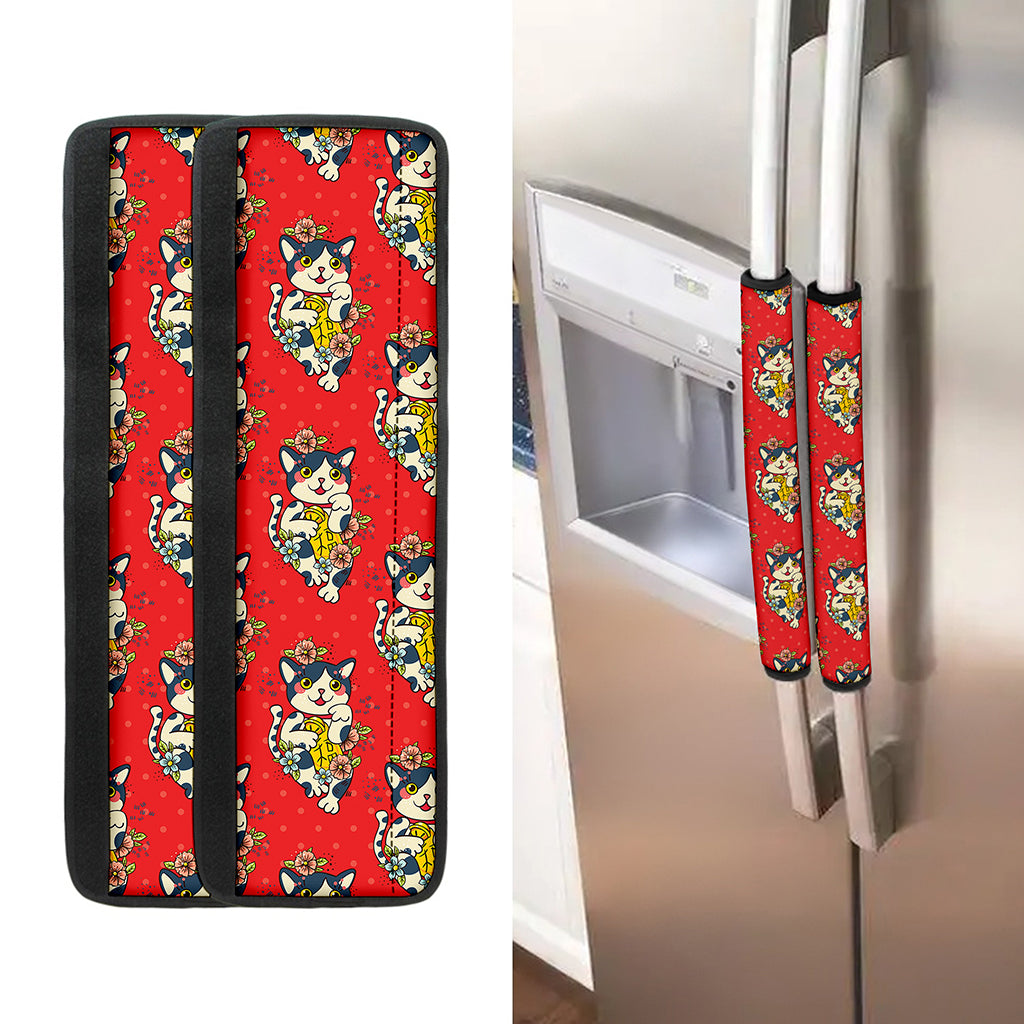 Japanese Cat Maneki Neko Pattern Print Refrigerator Handle Covers