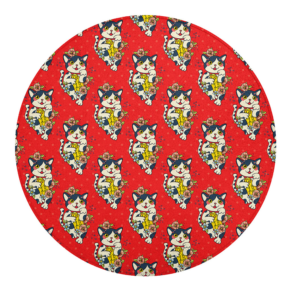 Japanese Cat Maneki Neko Pattern Print Round Blanket