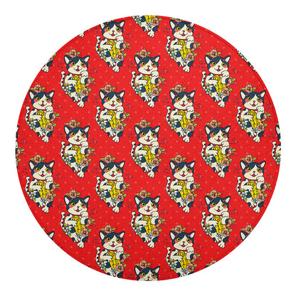 Japanese Cat Maneki Neko Pattern Print Round Blanket