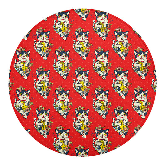 Japanese Cat Maneki Neko Pattern Print Round Blanket