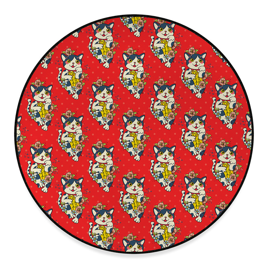 Japanese Cat Maneki Neko Pattern Print Round Floor Mat