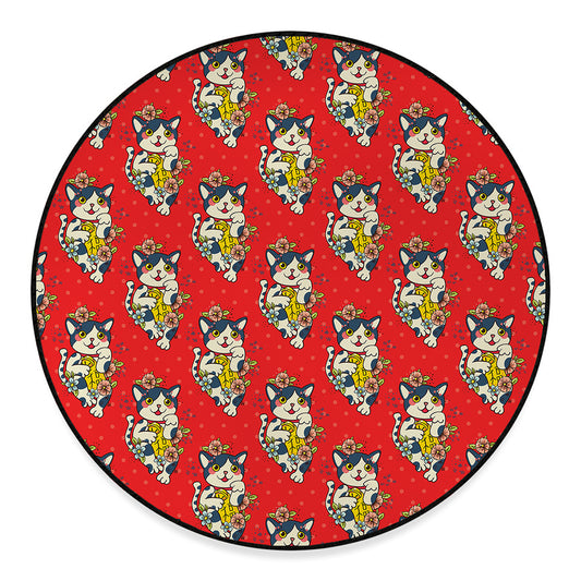 Japanese Cat Maneki Neko Pattern Print Round Floor Mat