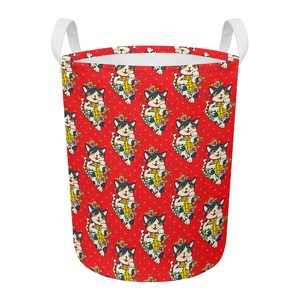 Japanese Cat Maneki Neko Pattern Print Round Laundry Basket