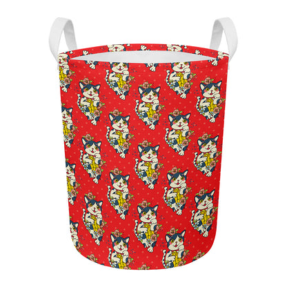 Japanese Cat Maneki Neko Pattern Print Round Laundry Basket