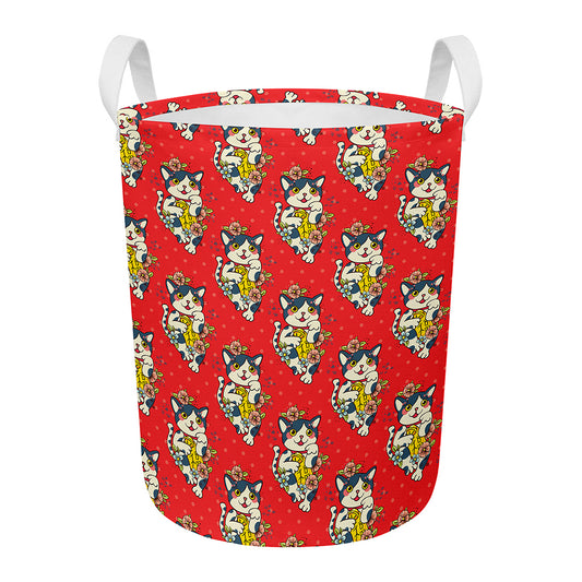 Japanese Cat Maneki Neko Pattern Print Round Laundry Basket