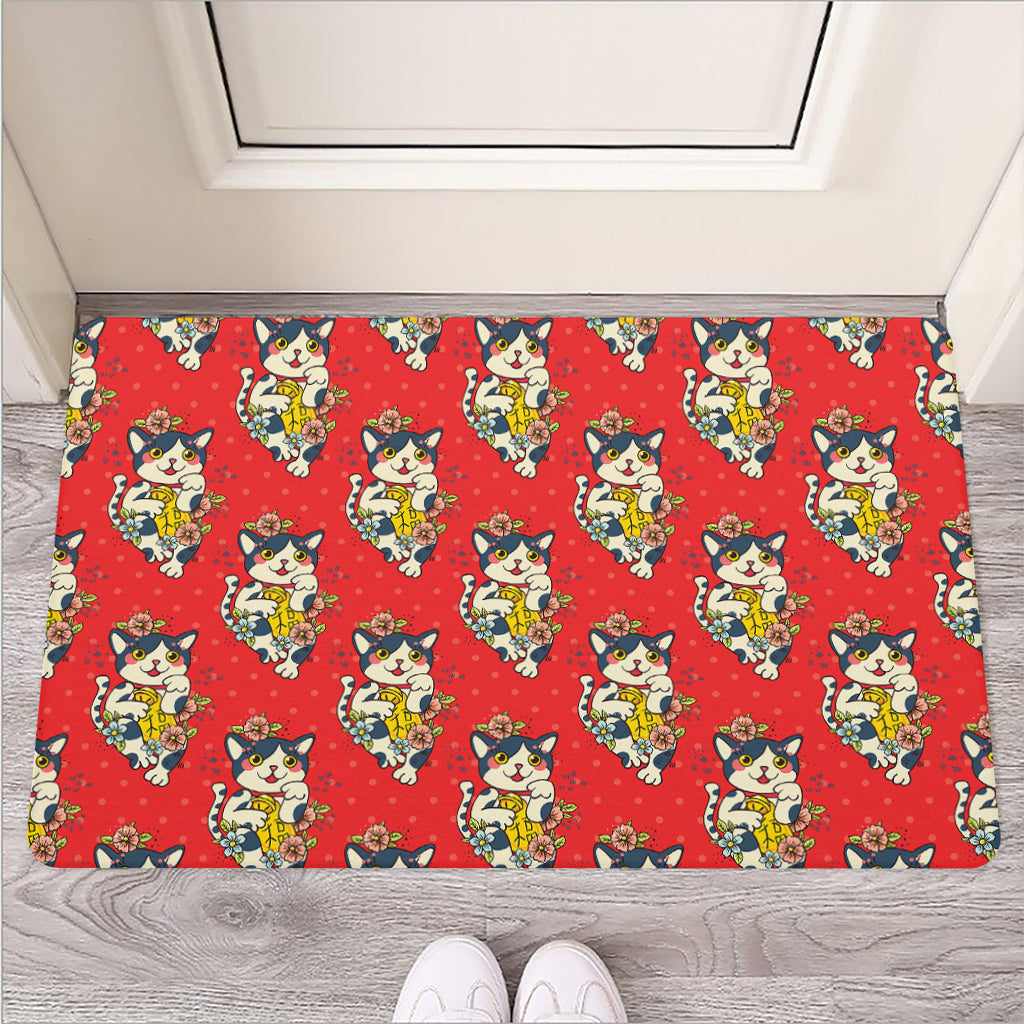 Japanese Cat Maneki Neko Pattern Print Rubber Doormat