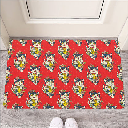 Japanese Cat Maneki Neko Pattern Print Rubber Doormat