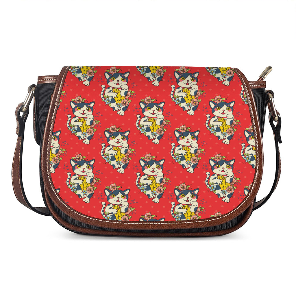 Japanese Cat Maneki Neko Pattern Print Saddle Bag