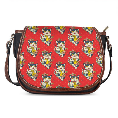 Japanese Cat Maneki Neko Pattern Print Saddle Bag