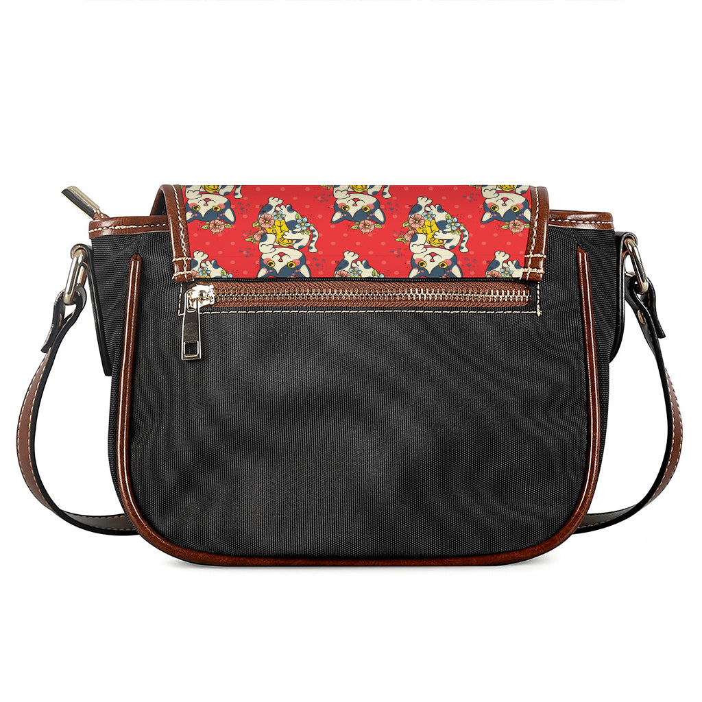 Japanese Cat Maneki Neko Pattern Print Saddle Bag