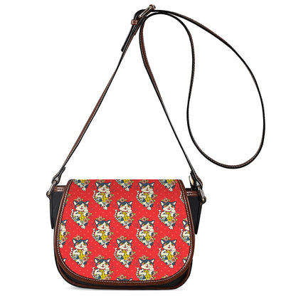 Japanese Cat Maneki Neko Pattern Print Saddle Bag