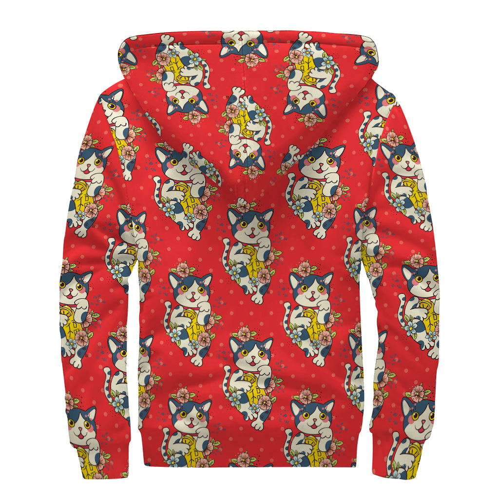 Japanese Cat Maneki Neko Pattern Print Sherpa Lined Zip Up Hoodie