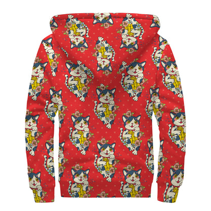 Japanese Cat Maneki Neko Pattern Print Sherpa Lined Zip Up Hoodie