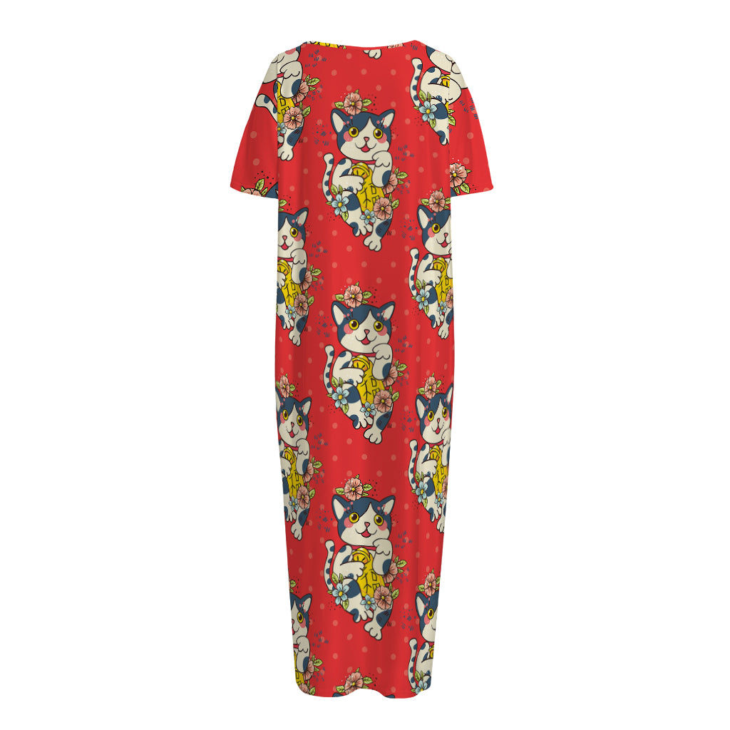 Japanese Cat Maneki Neko Pattern Print Short Sleeve Long Nightdress
