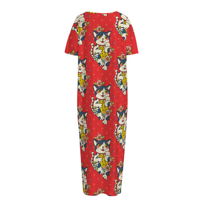 Japanese Cat Maneki Neko Pattern Print Short Sleeve Long Nightdress