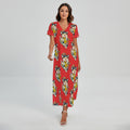 Japanese Cat Maneki Neko Pattern Print Short Sleeve Maxi Dress