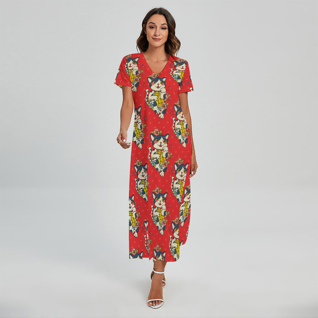 Japanese Cat Maneki Neko Pattern Print Short Sleeve Maxi Dress