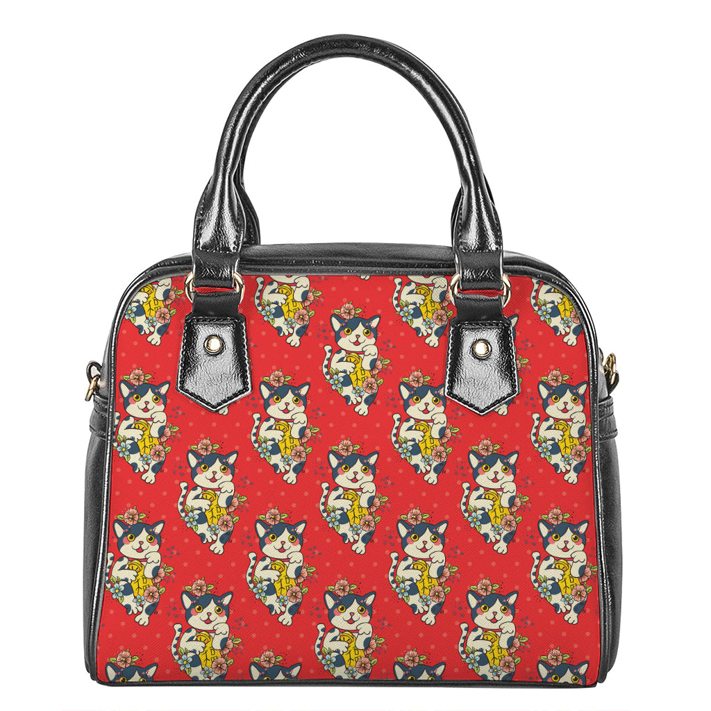 Japanese Cat Maneki Neko Pattern Print Shoulder Handbag