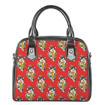 Japanese Cat Maneki Neko Pattern Print Shoulder Handbag