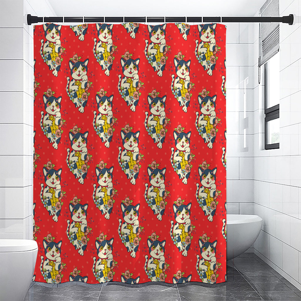 Japanese Cat Maneki Neko Pattern Print Shower Curtain