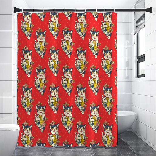 Japanese Cat Maneki Neko Pattern Print Shower Curtain