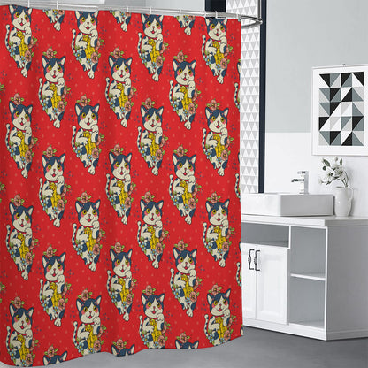 Japanese Cat Maneki Neko Pattern Print Shower Curtain