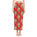 Japanese Cat Maneki Neko Pattern Print Side Slit Maxi Skirt