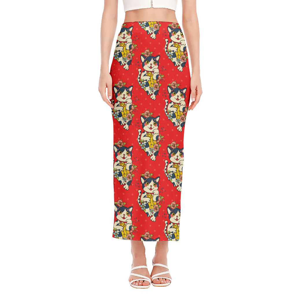 Japanese Cat Maneki Neko Pattern Print Side Slit Maxi Skirt