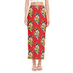 Japanese Cat Maneki Neko Pattern Print Side Slit Maxi Skirt