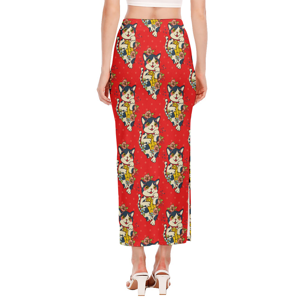 Japanese Cat Maneki Neko Pattern Print Side Slit Maxi Skirt