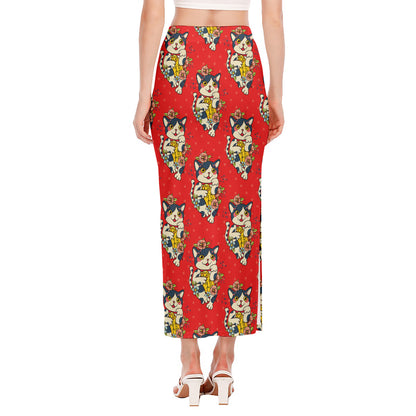 Japanese Cat Maneki Neko Pattern Print Side Slit Maxi Skirt