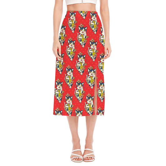 Japanese Cat Maneki Neko Pattern Print Side Slit Midi Skirt