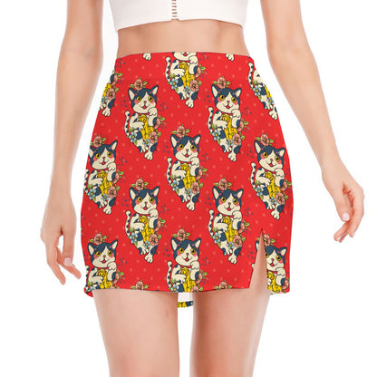 Japanese Cat Maneki Neko Pattern Print Side Slit Mini Skirt