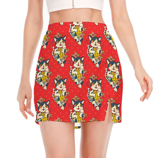 Japanese Cat Maneki Neko Pattern Print Side Slit Mini Skirt