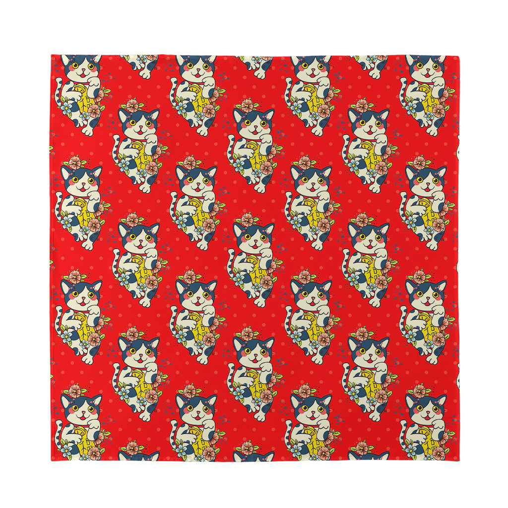 Japanese Cat Maneki Neko Pattern Print Silk Bandana